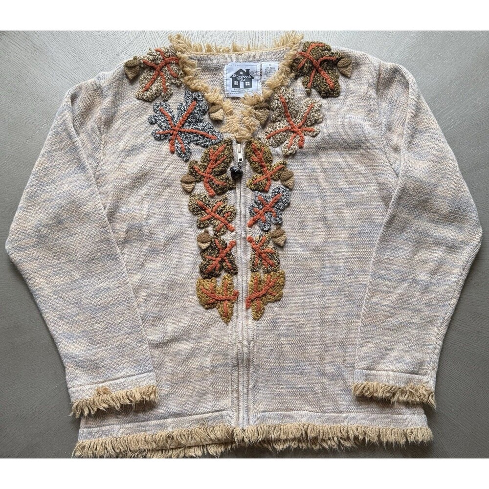 Vtg Storybook Knits Autumn Leaf Cardigan M Ramie Cotton Acorn Fringe Sweater
